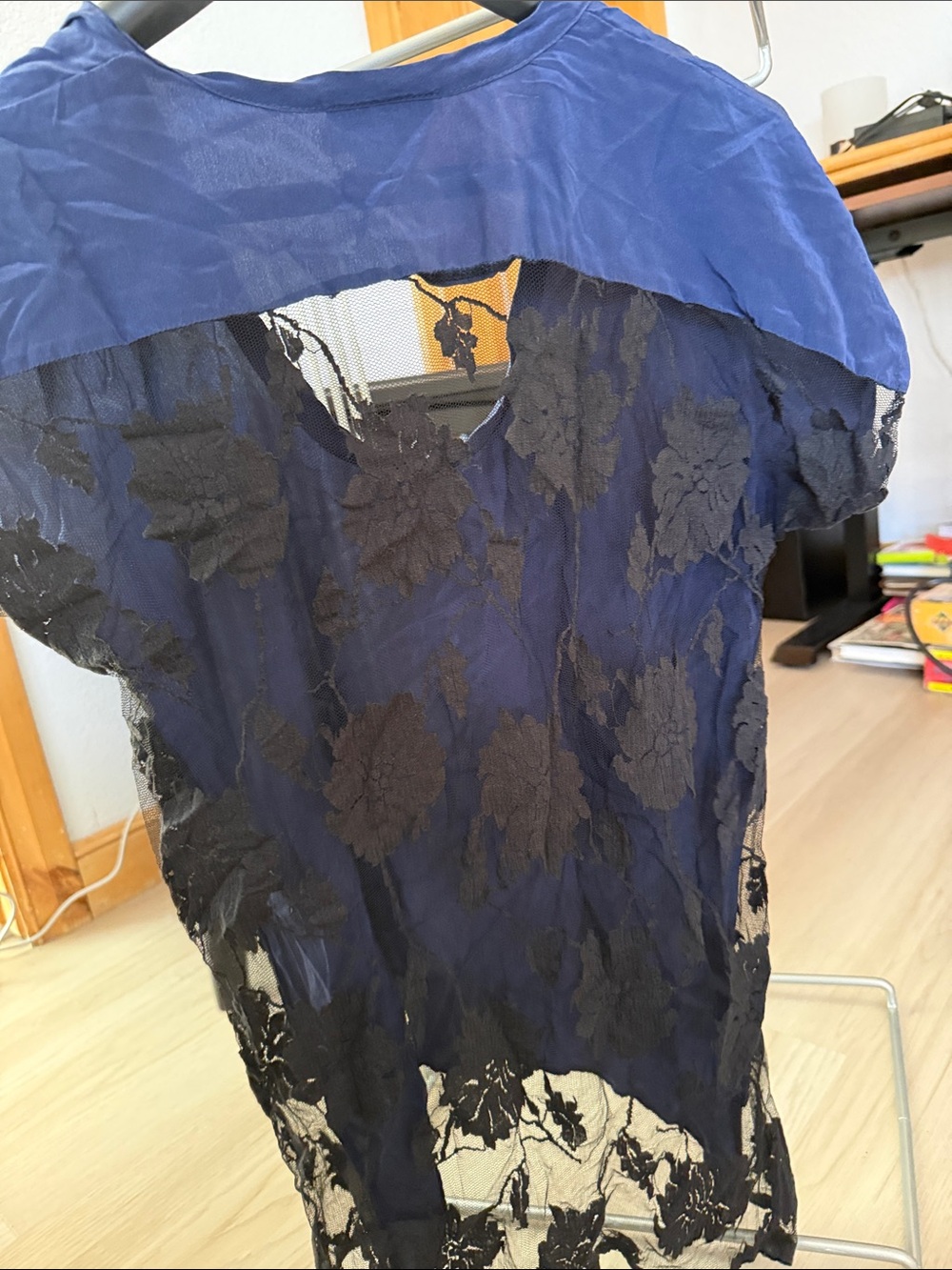 Mason Navy Top with Black Floral Lace Back Panel
